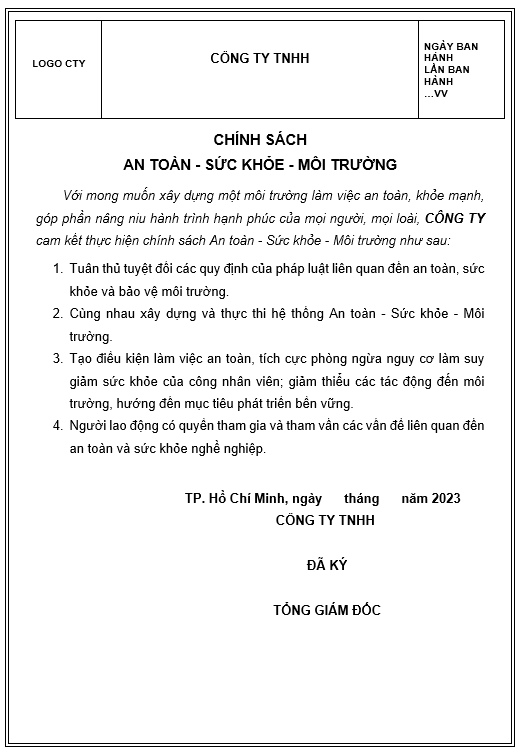 Chính sách an toàn sức khỏe môi trường