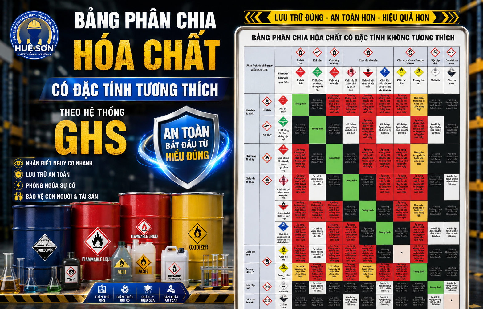 BẢNG PHÂN CHIA CÁC LOẠI HÓA CHẤT CÓ ĐẶC TÍNH TƯƠNG THÍCH THEO GHS